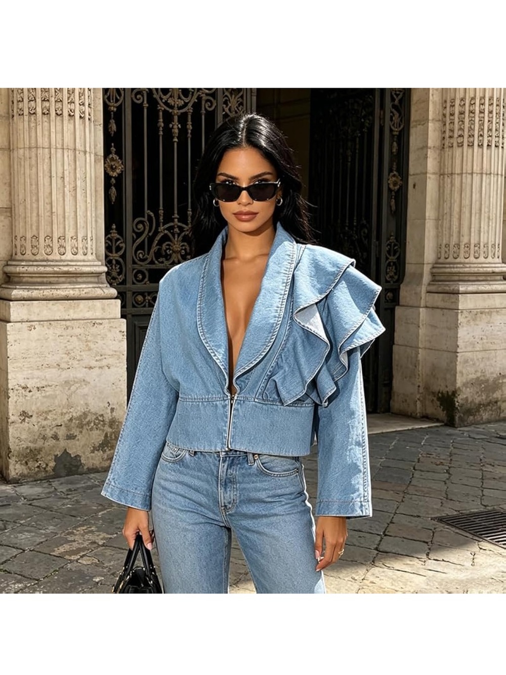 Amazon Light Blue Ruffled Denim Jacket - Women's Jean Coat